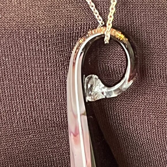 3D Pink Flower Dichroic Glass Pendant • Black & Gold • Sterling Italian Chain - Picture 4 of 14